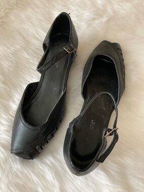 Liz Baker Black Mary Jane Peep-Toe Flats with Ankle Strap